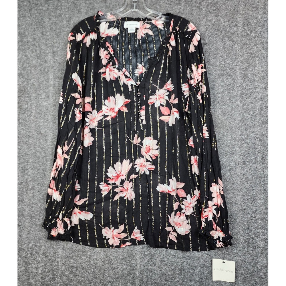 Liz Claiborne Blouse Women 2XL Black Floral Gold Metallic Stripe V-Neck‎ NWT